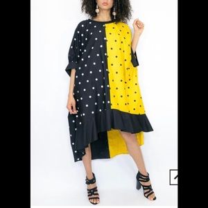 Yellow and black polkadot hi low dress